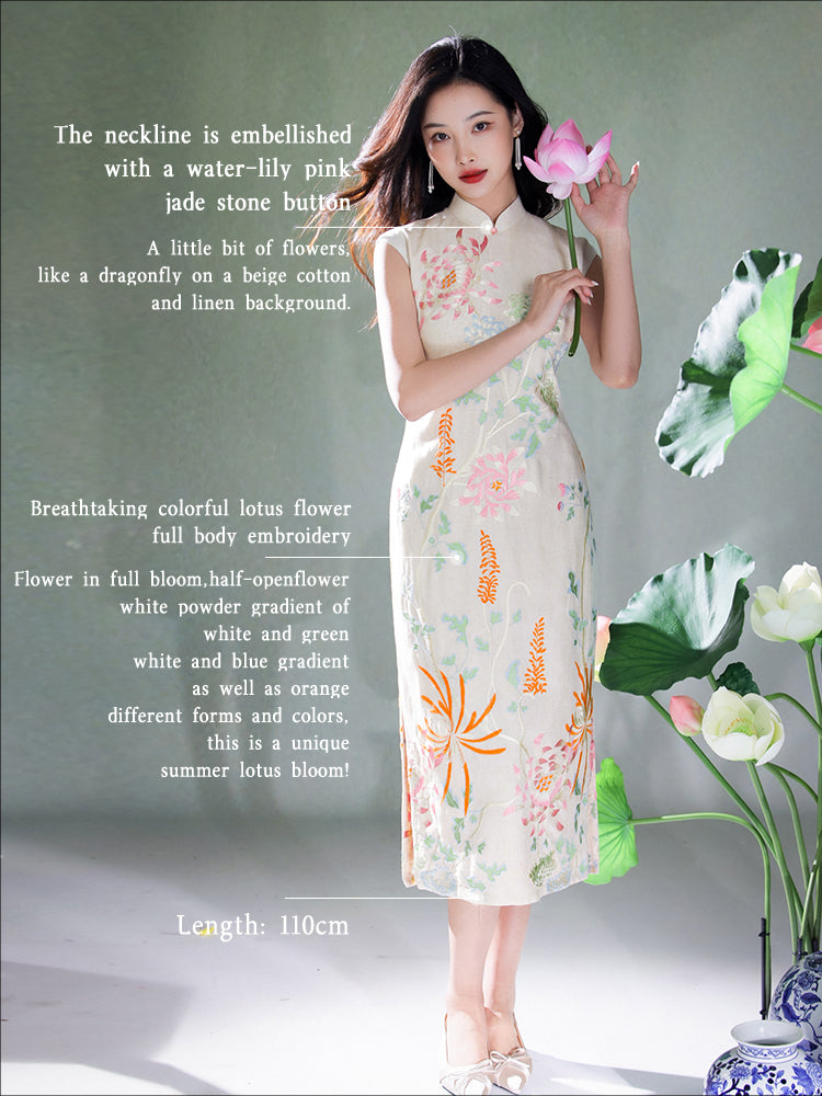 Colorful Lotus Flower Cotton and Linen Embroidery|Modern one-Pieces Qipao Dress(菡裳)