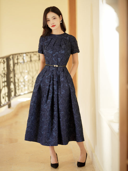 Navy Blue Intricate Jacquard | Effortless Flared Skirt (赫本)
