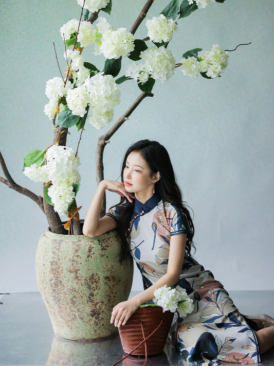 Floral Linen-Textured Chiffon | Modern one-Pieces Qipao Dress (梦虞)