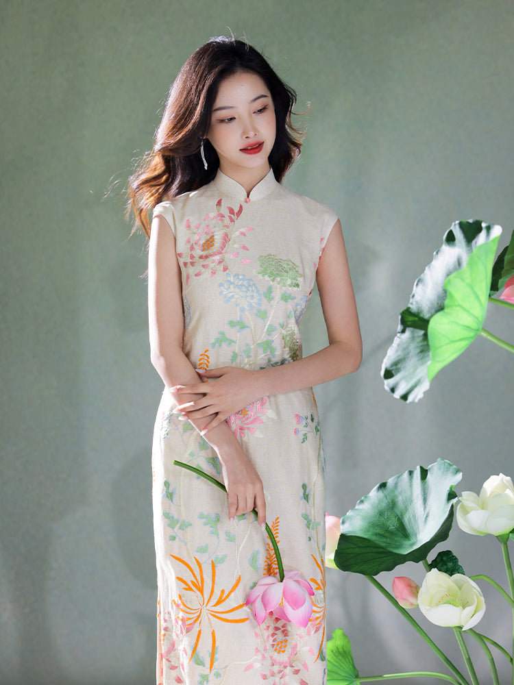 Colorful Lotus Flower Cotton and Linen Embroidery|Modern one-Pieces Qipao Dress(菡裳)