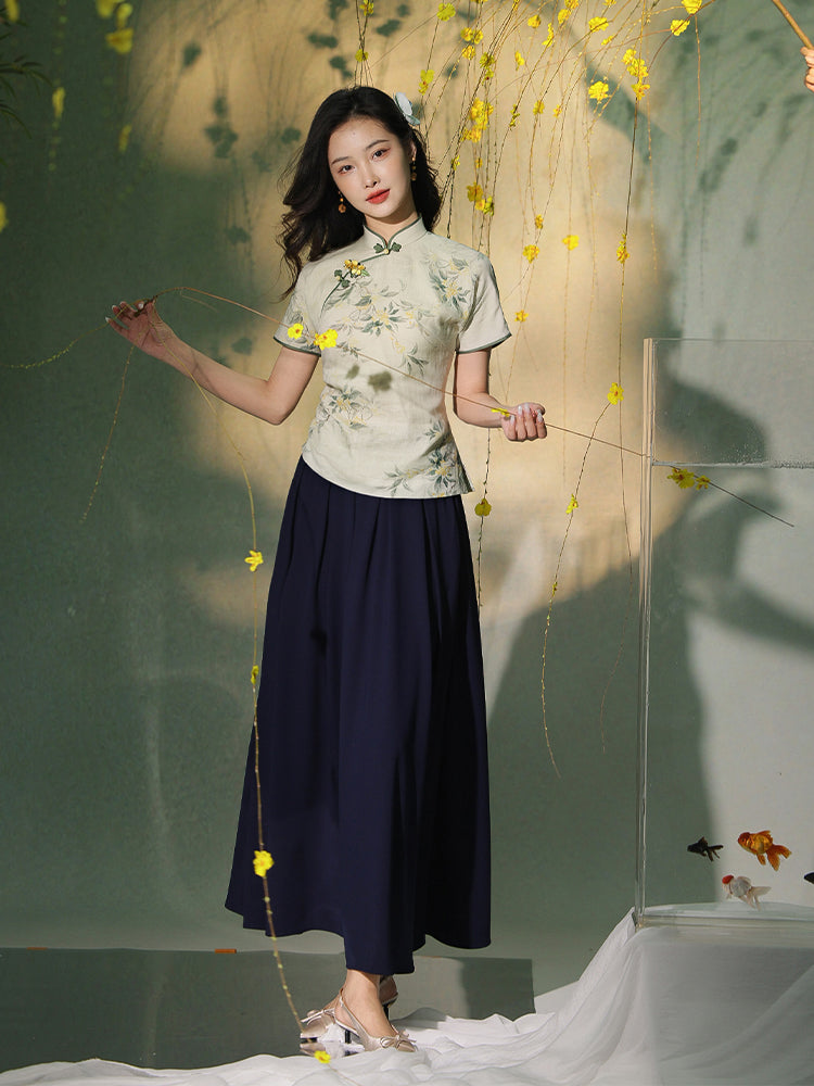 light green|Osmanthus Print Qipao top(沁寒)