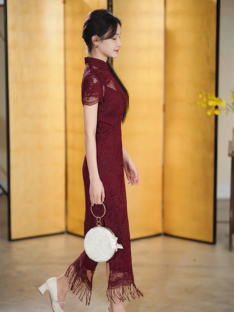 Burgundy Lace Embroidery | Modern one-Pieces Qipao Dress(绯颜)