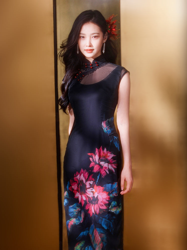 Black Ground with Floral Motifs | Modern one-Pieces Qipao Dress(晚俪)