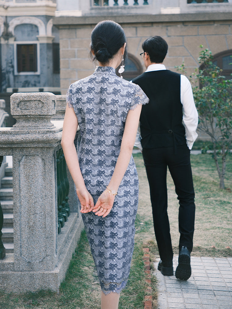 Dusty Blue Elastic Lace | Modern one-Pieces Qipao Dress(兰若)