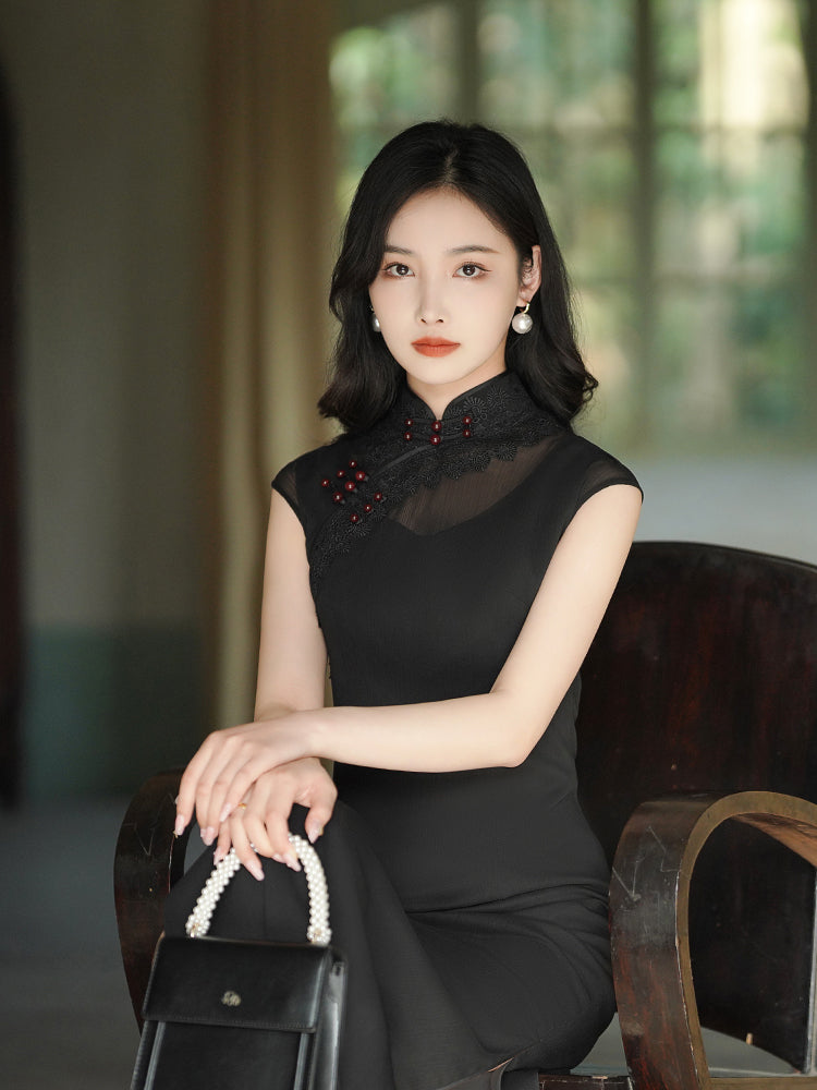Refined Ink Black Sophistication | Modern one-Pieces Qipao Dress (扶芳)