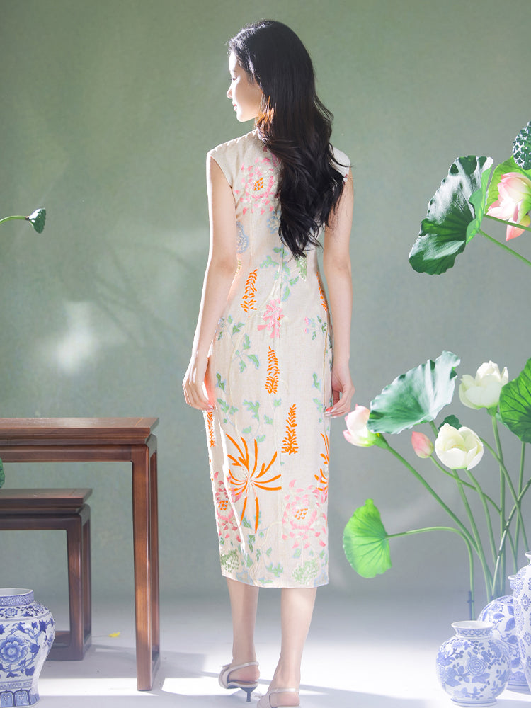Colorful Lotus Flower Cotton and Linen Embroidery|Modern one-Pieces Qipao Dress(菡裳)