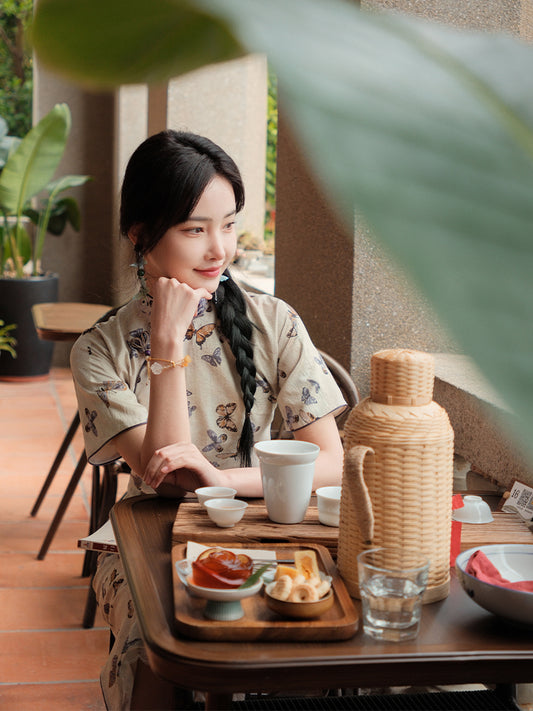 Milky white Butterfly Print | Modern one-Pieces Qipao Dress (蝶涯)