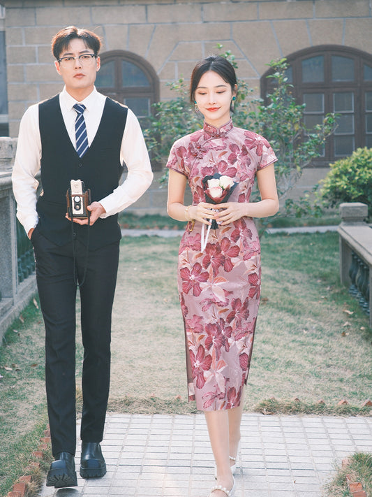 Rose Pink Chiffon Print | Modern one-Pieces Qipao Dress (花间游)