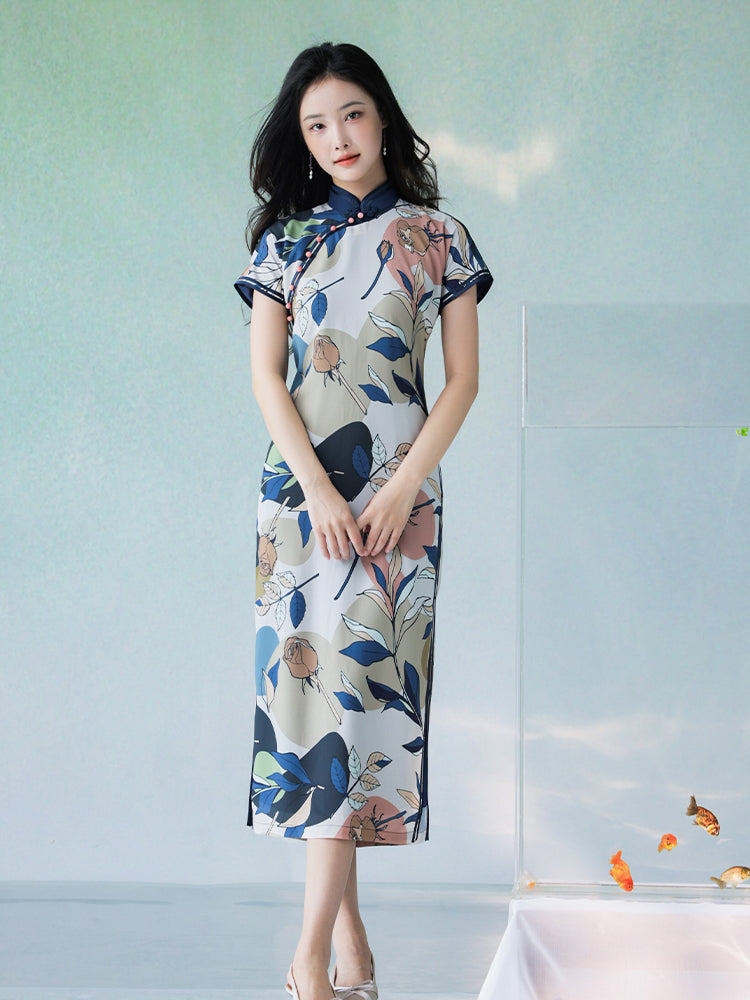 Floral Linen-Textured Chiffon | Modern one-Pieces Qipao Dress (梦虞)