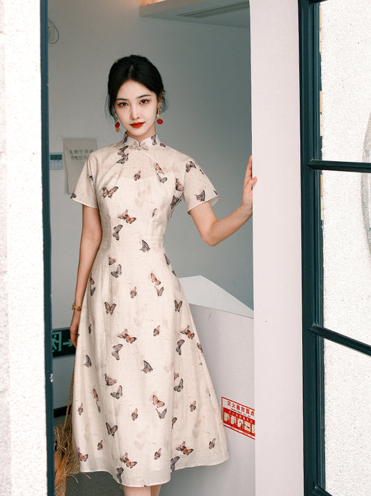 Warm Apricot Round-Collar A-Line | Qipao Dress(蝶戏)
