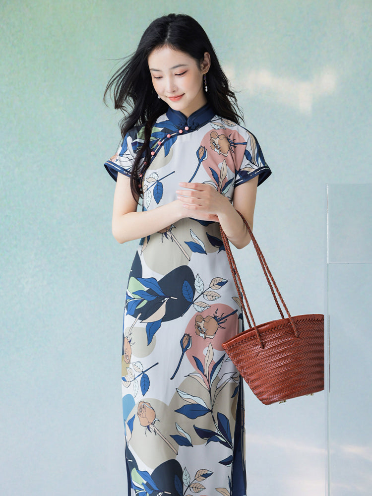 Floral Linen-Textured Chiffon | Modern one-Pieces Qipao Dress (梦虞)