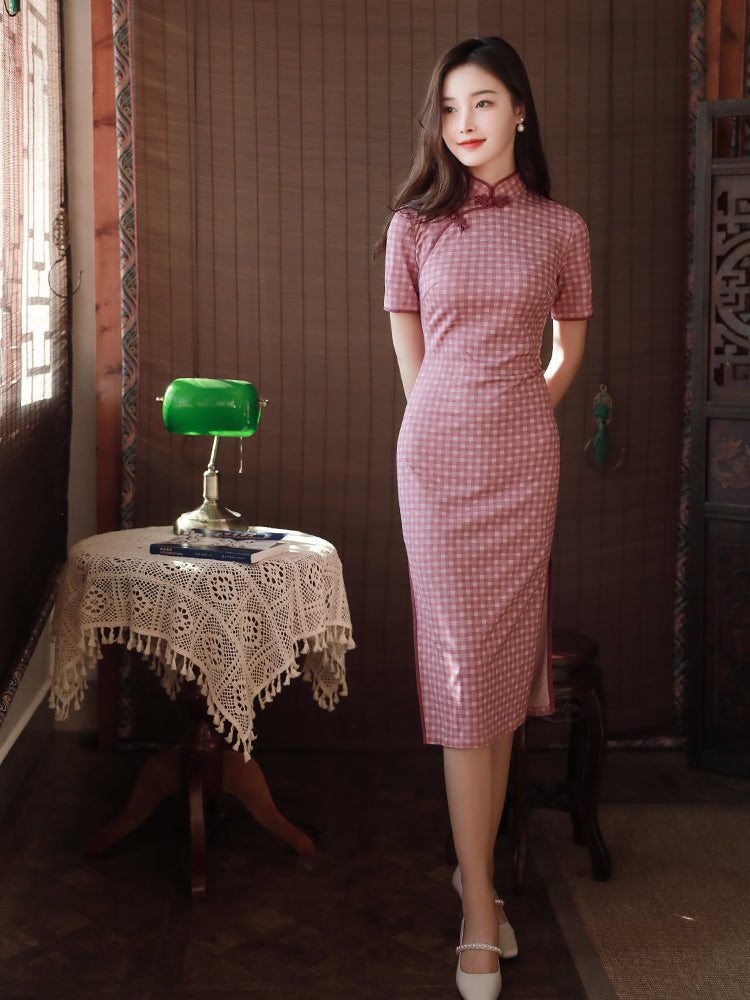 Pink and White Plaid Print|Modern one-Pieces Qipao Dress(容音)