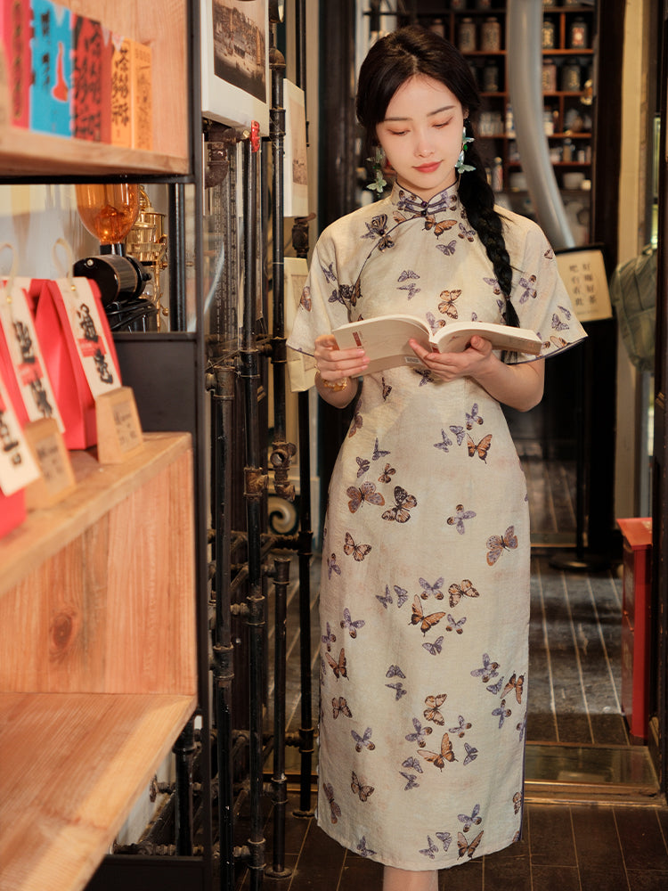 Milky white Butterfly Print | Modern one-Pieces Qipao Dress (蝶涯)