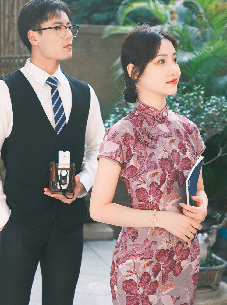 Rose Pink Chiffon Print | Modern one-Pieces Qipao Dress (花间游)