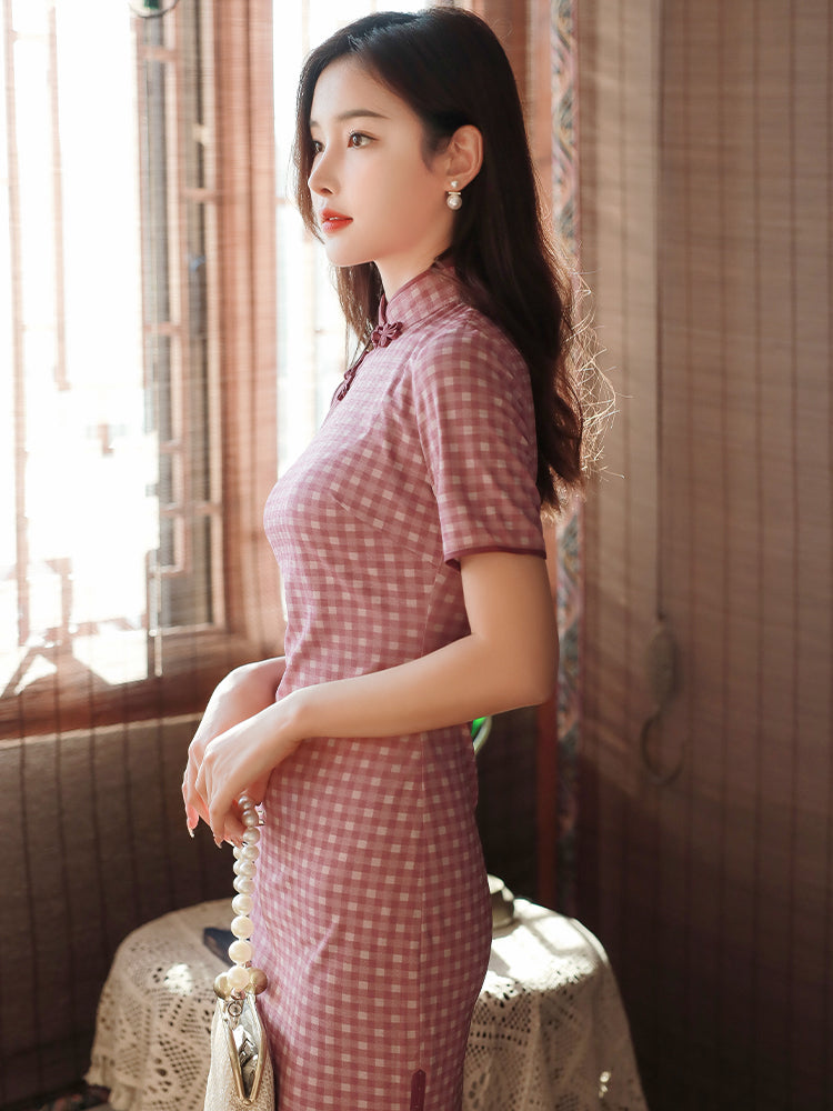 Pink and White Plaid Print|Modern one-Pieces Qipao Dress(容音)