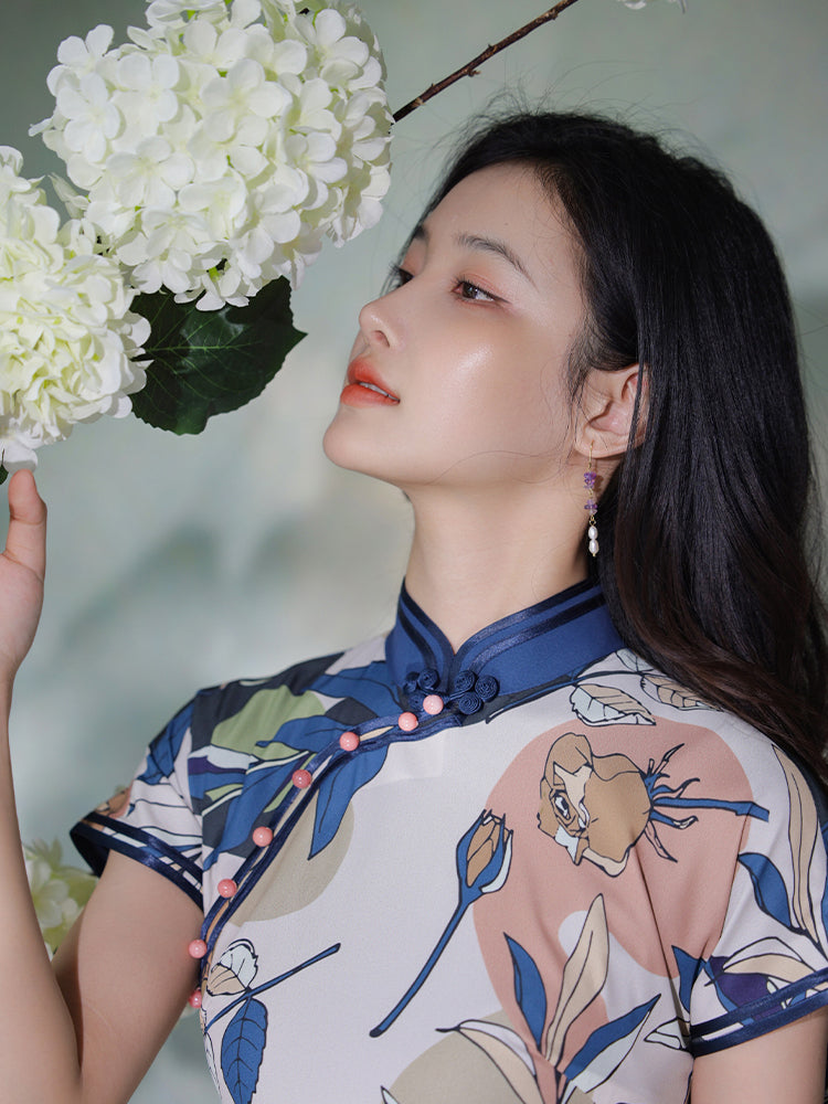 Floral Linen-Textured Chiffon | Modern one-Pieces Qipao Dress (梦虞)