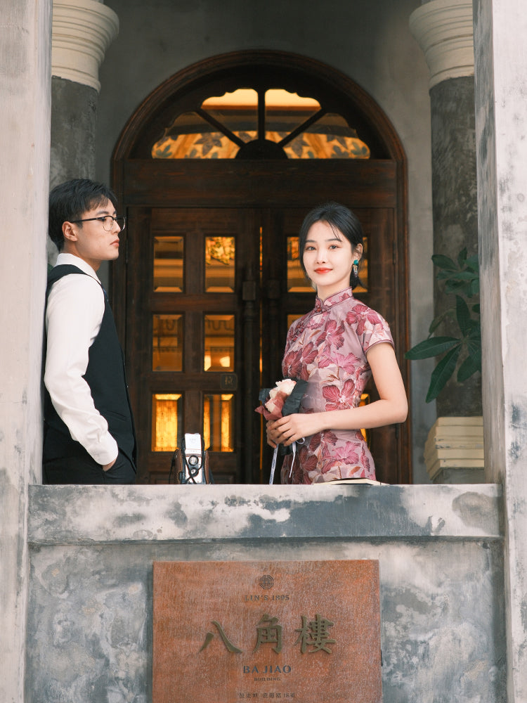 Rose Pink Chiffon Print | Modern one-Pieces Qipao Dress (花间游)