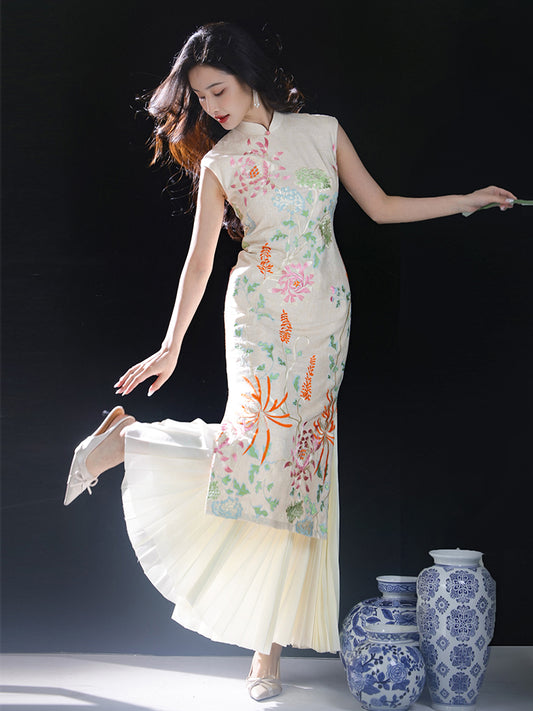 Colorful Lotus Flower Cotton and Linen Embroidery|Modern one-Pieces Qipao Dress(菡裳)