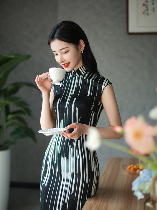 black and white stripes|Modern one-Pieces Qipao Dress(香嵩)
