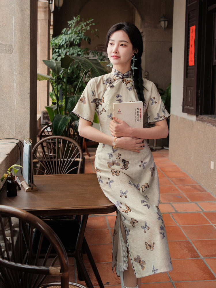 Milky white Butterfly Print | Modern one-Pieces Qipao Dress (蝶涯)