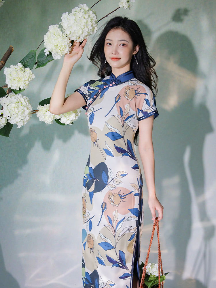 Floral Linen-Textured Chiffon | Modern one-Pieces Qipao Dress (梦虞)