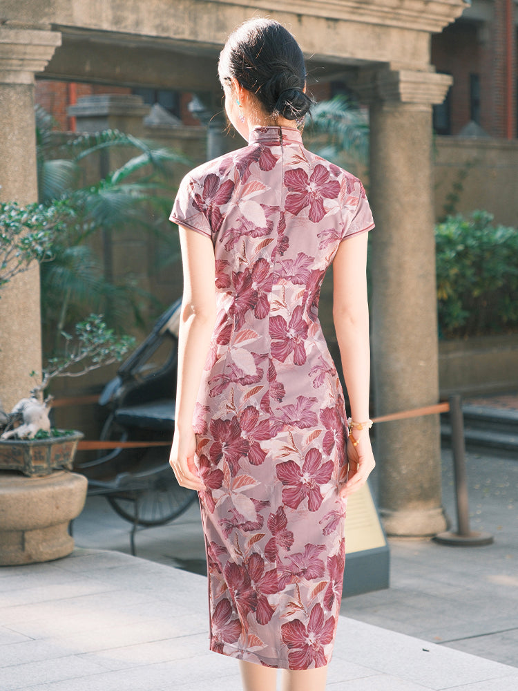 Rose Pink Chiffon Print | Modern one-Pieces Qipao Dress (花间游)