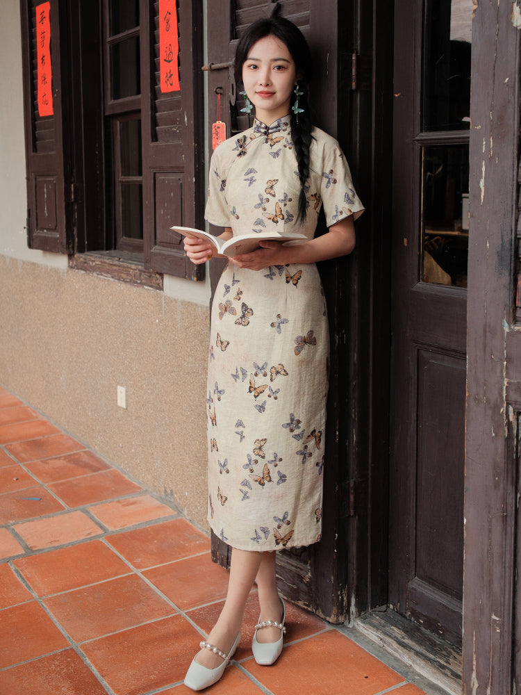 Milky white Butterfly Print | Modern one-Pieces Qipao Dress (蝶涯)