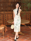 Botanical-Dyed Ivory Silk Satin | Modern one-Pieces Qipao Dress (青韵)
