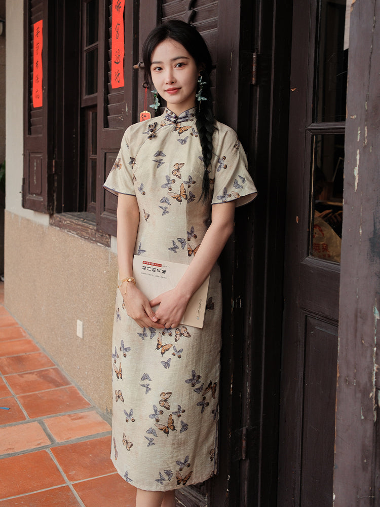 Milky white Butterfly Print | Modern one-Pieces Qipao Dress (蝶涯)