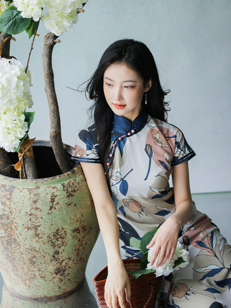 Floral Linen-Textured Chiffon | Modern one-Pieces Qipao Dress (梦虞)
