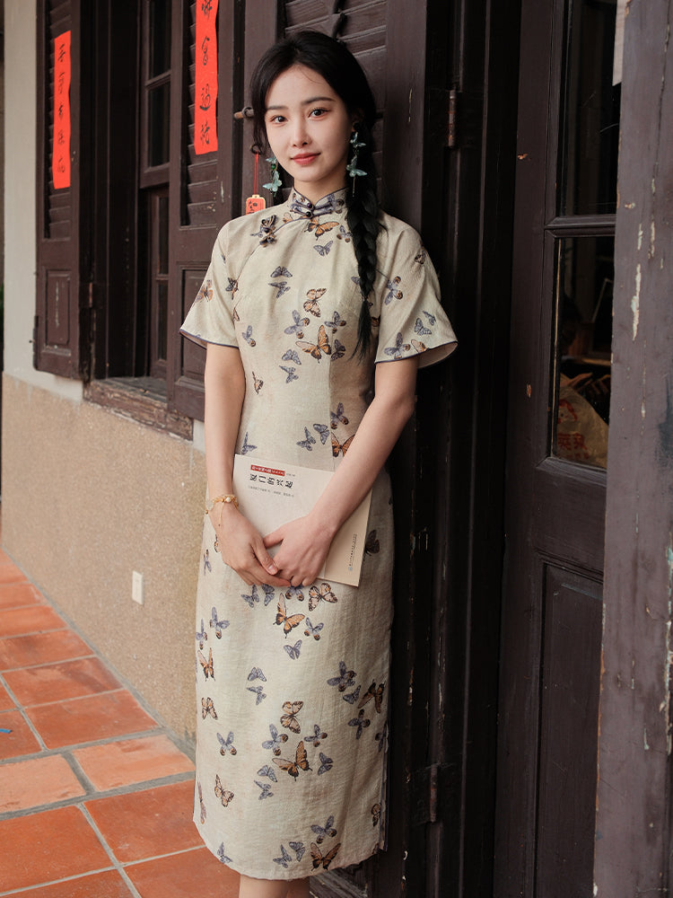Milky white Butterfly Print | Modern one-Pieces Qipao Dress (蝶涯)