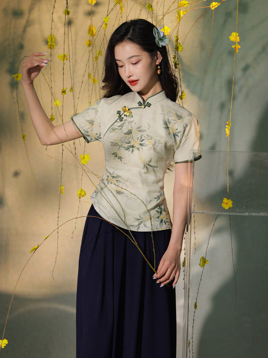 light green|Osmanthus Print Qipao top(沁寒)