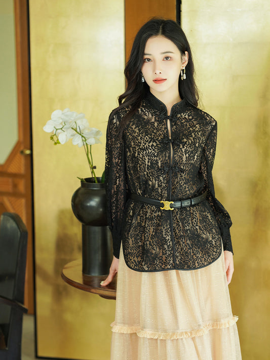 Black Ink-Inspired Lace | Mandarin Collar Blouse(青城)