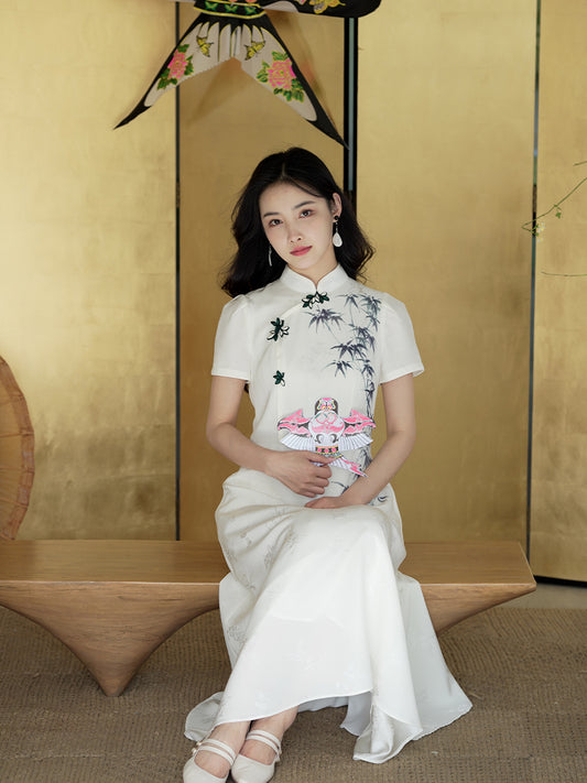 Ivory White Hand-Painted Bamboo | Neo-Chinese Dress(君竹)