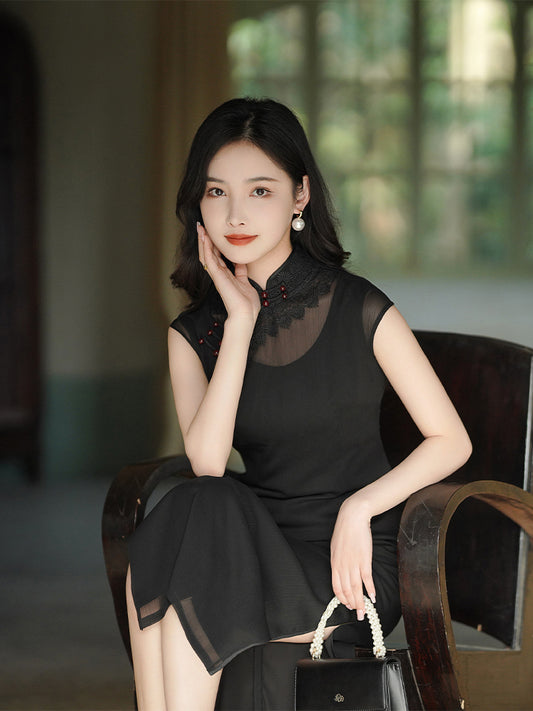 Refined Ink Black Sophistication | Modern one-Pieces Qipao Dress (扶芳)