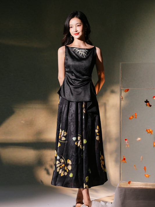Ink-Black | Flowing Maxi Skirt(莲珂)