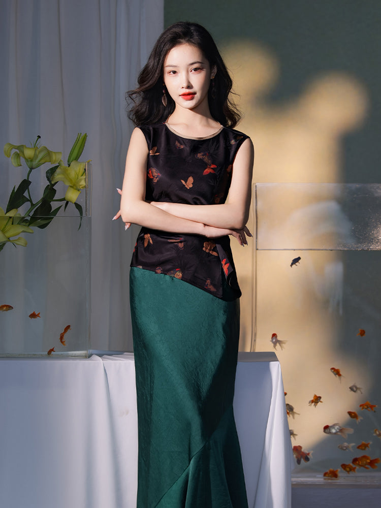 Flower color on black background|pleated Qipao a sleeveless garment(云笺)