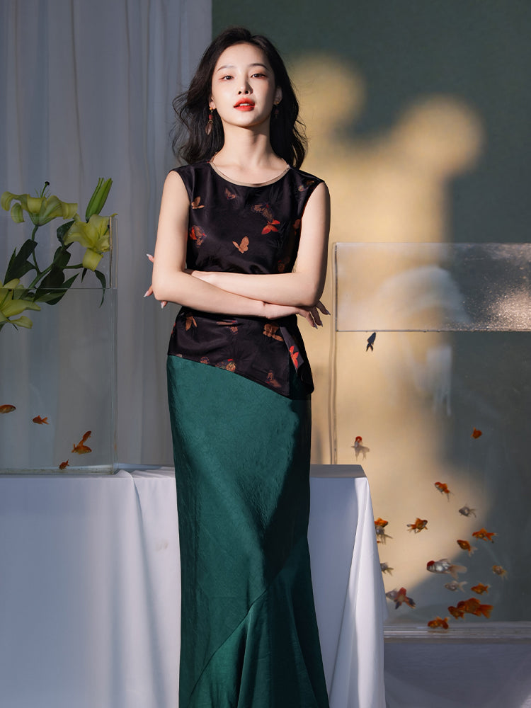 Flower color on black background|pleated Qipao a sleeveless garment(云笺)