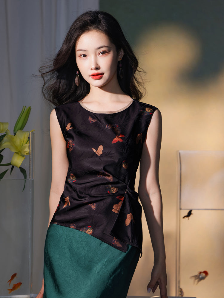 Flower color on black background|pleated Qipao a sleeveless garment(云笺)