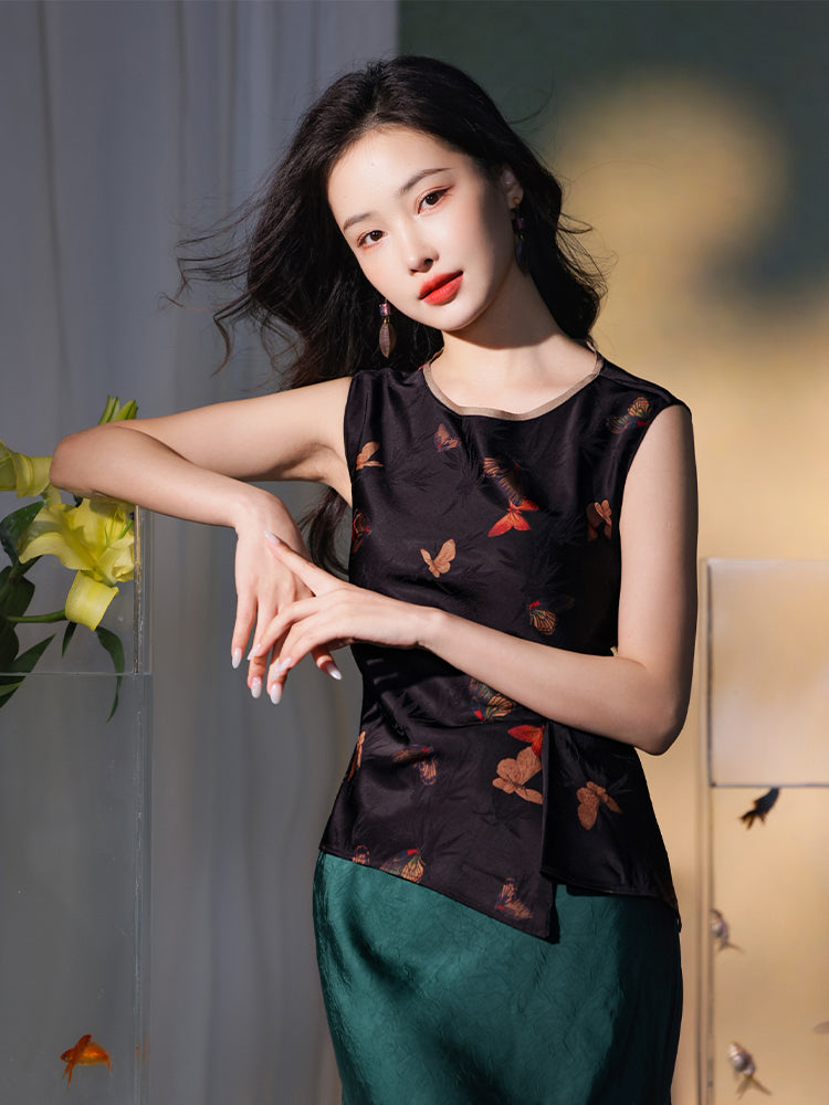 Flower color on black background|pleated Qipao a sleeveless garment(云笺)