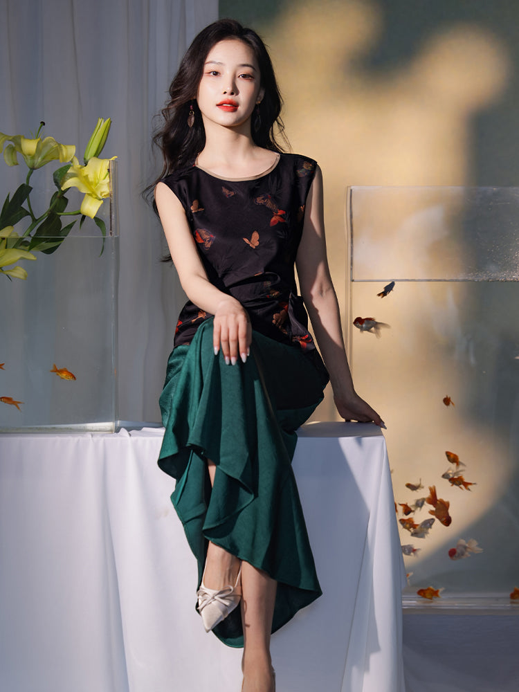 Flower color on black background|pleated Qipao a sleeveless garment(云笺)