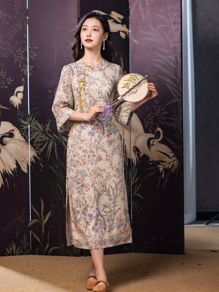 Apricot-White Relaxed Fit| Modern one-Pieces Qipao Dress(鞠依)