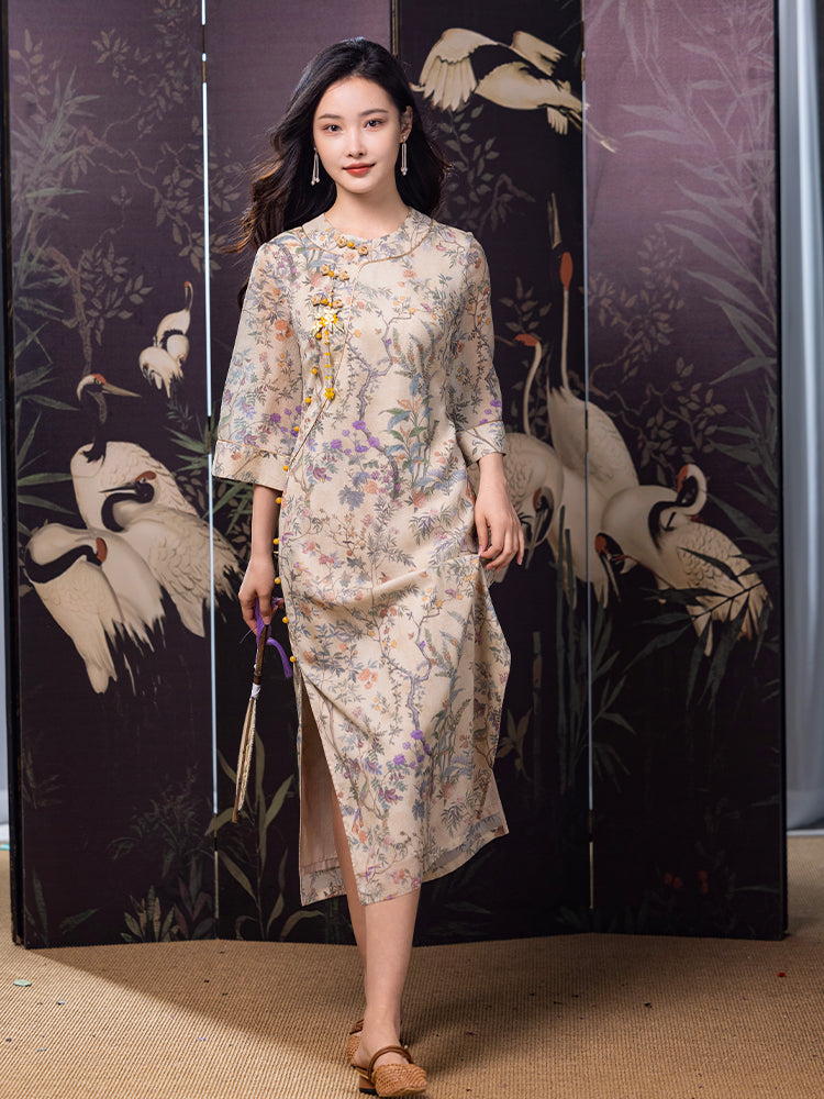 Apricot-White Relaxed Fit| Modern one-Pieces Qipao Dress(鞠依)