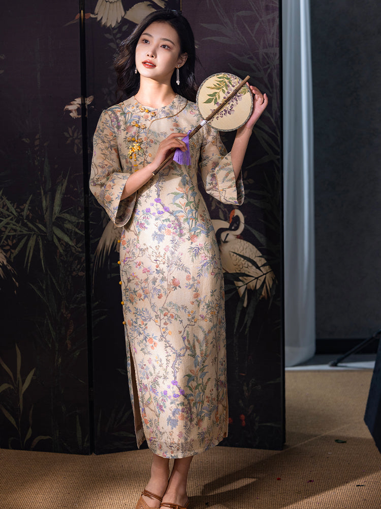 Apricot-White Relaxed Fit| Modern one-Pieces Qipao Dress(鞠依)