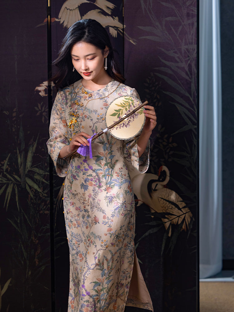 Apricot-White Relaxed Fit| Modern one-Pieces Qipao Dress(鞠依)