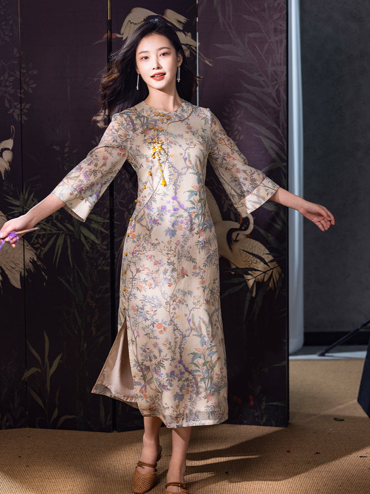 Apricot-White Relaxed Fit| Modern one-Pieces Qipao Dress(鞠依)