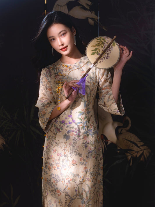 Apricot-White Relaxed Fit| Modern one-Pieces Qipao Dress(鞠依)