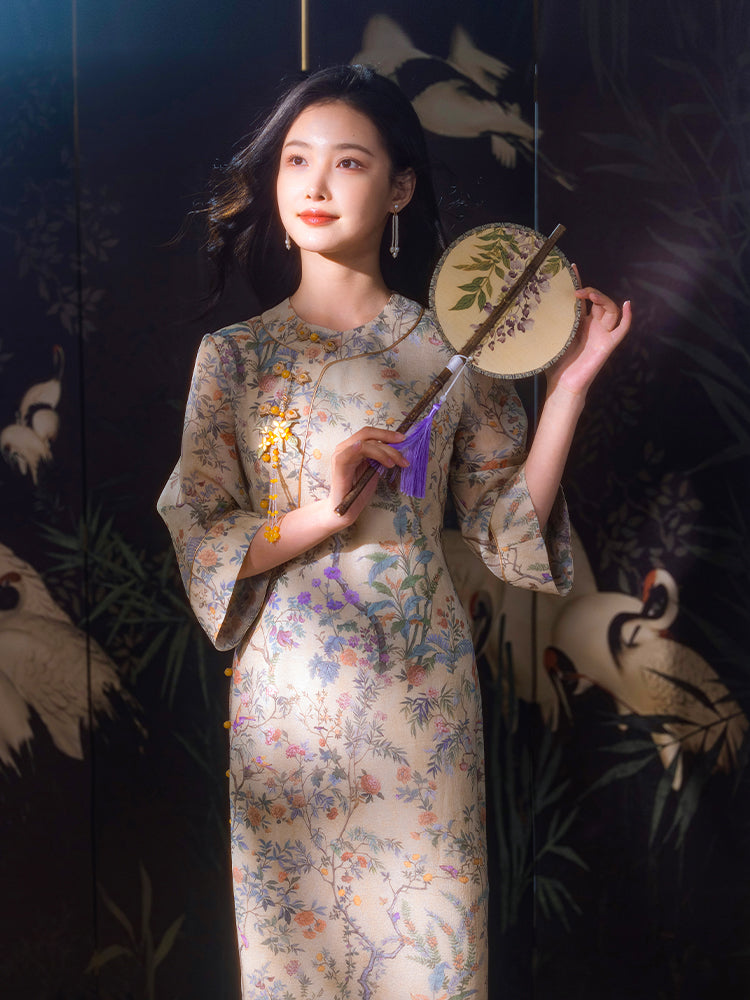 Apricot-White Relaxed Fit| Modern one-Pieces Qipao Dress(鞠依)