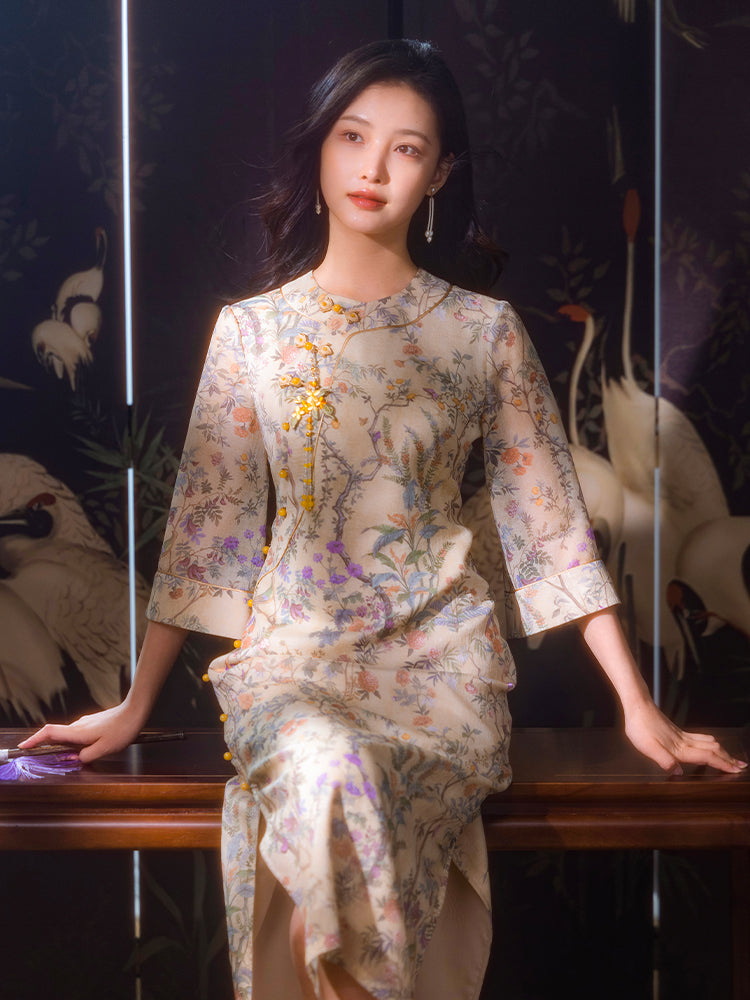 Apricot-White Relaxed Fit| Modern one-Pieces Qipao Dress(鞠依)