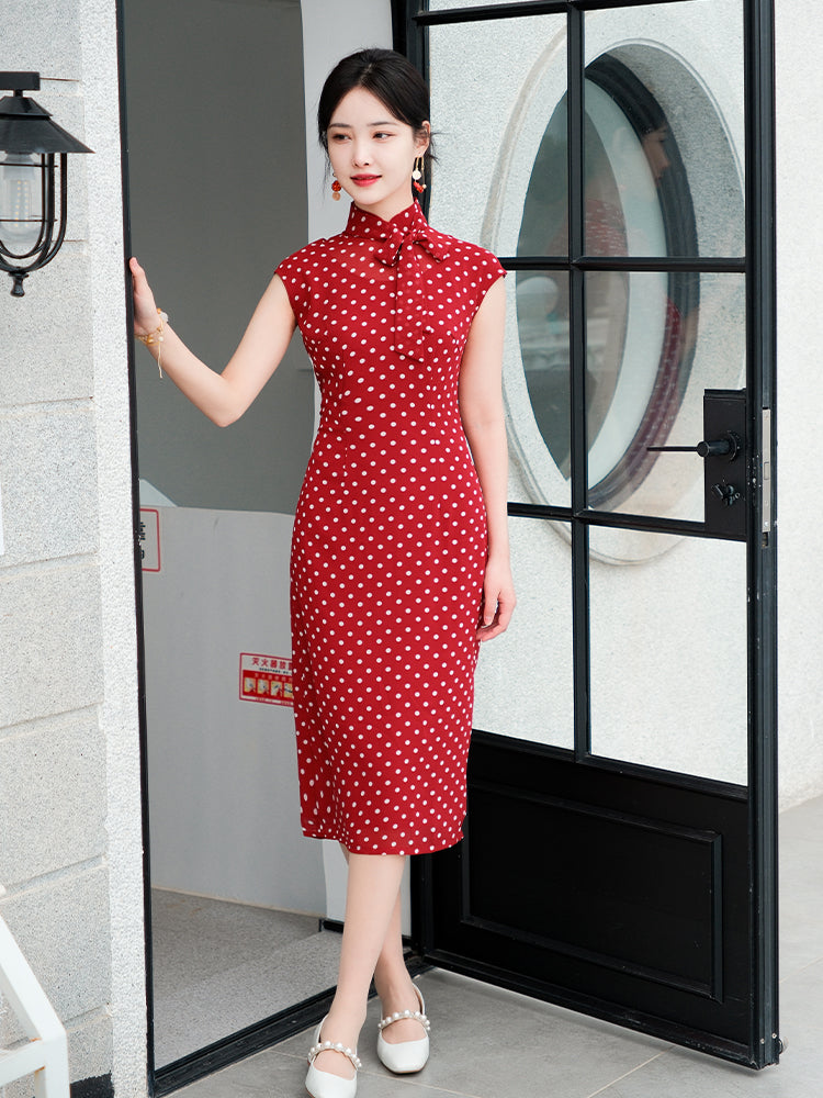 dark red polka dot|Modern one-Pieces Qipao Dress(舒萌)